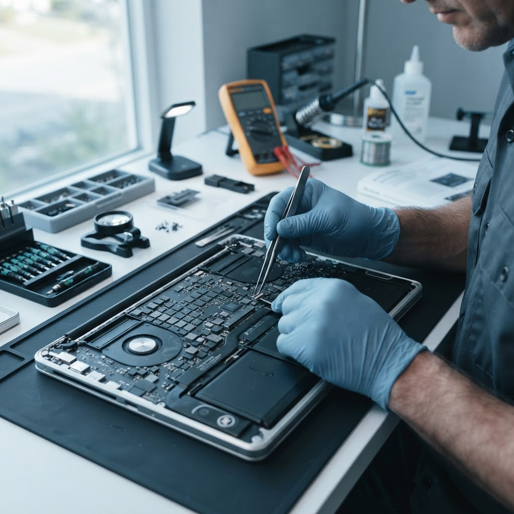 Technician repairing a laptop motherboard at a clean workbench